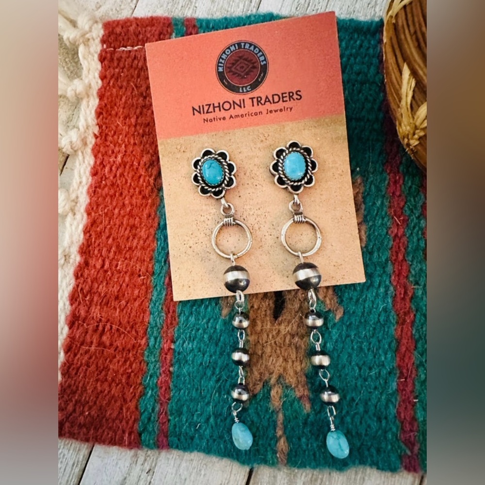 Navajo Sterling Silver & Turquoise Beaded Dangle Earrings